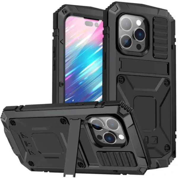 Protector Metal Gryp para iPhone, con diseño resistente y accesorios de instalación incluidos.