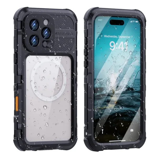 Case impermeable con cierre magnético y carga inalámbrica compatible.