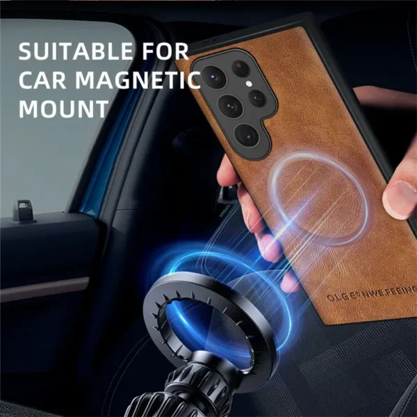 Case de lujo con diseño magnético, compatible con carga inalámbrica.